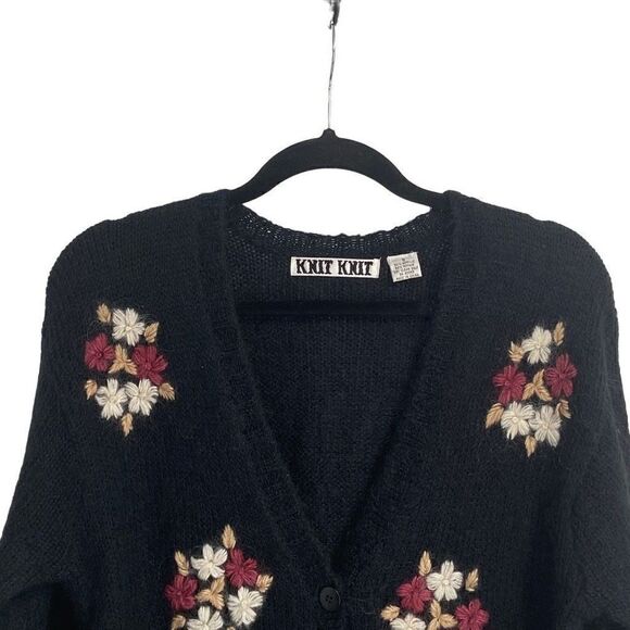 Knit Knit Vintage Mohair Blend Embroidered Cardigan Sweater Black Small - Picture 3 of 6